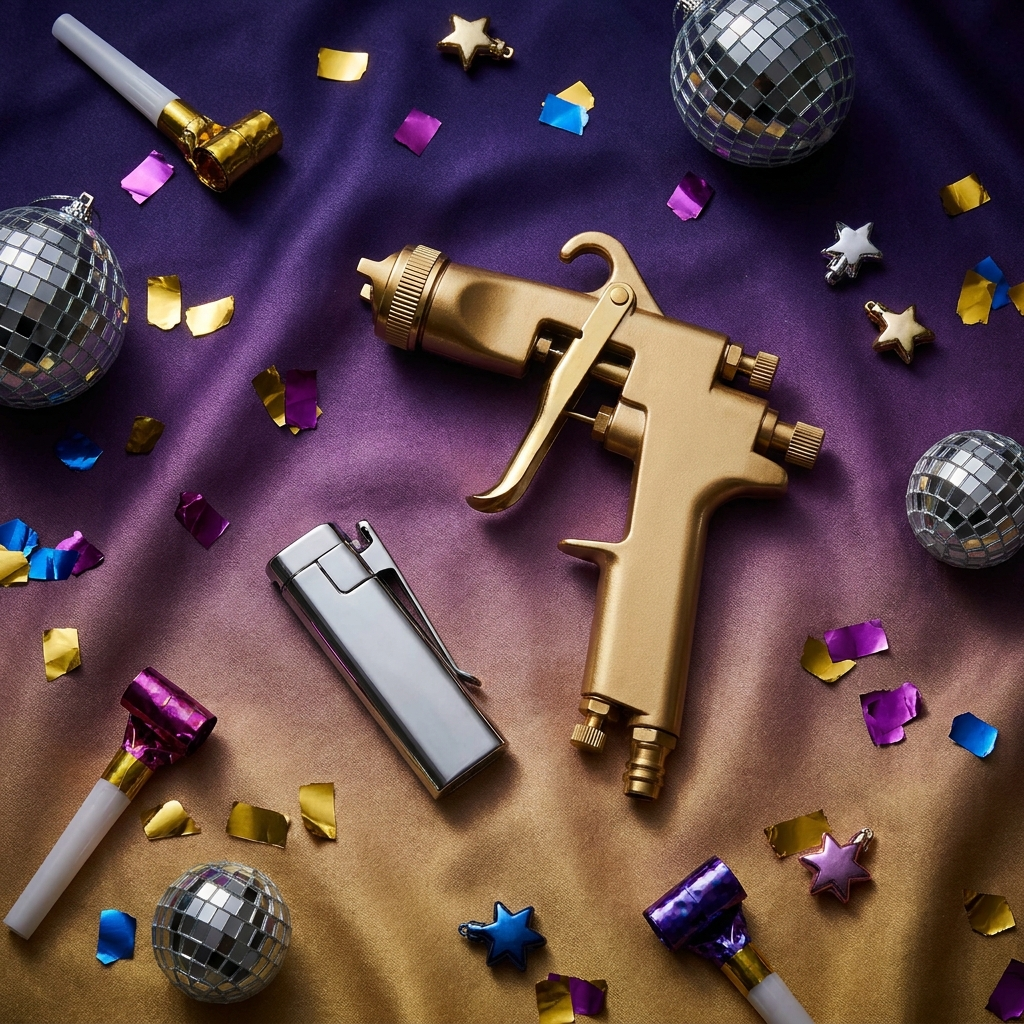 Party and novelty gift items on a purple and gold background with confetti