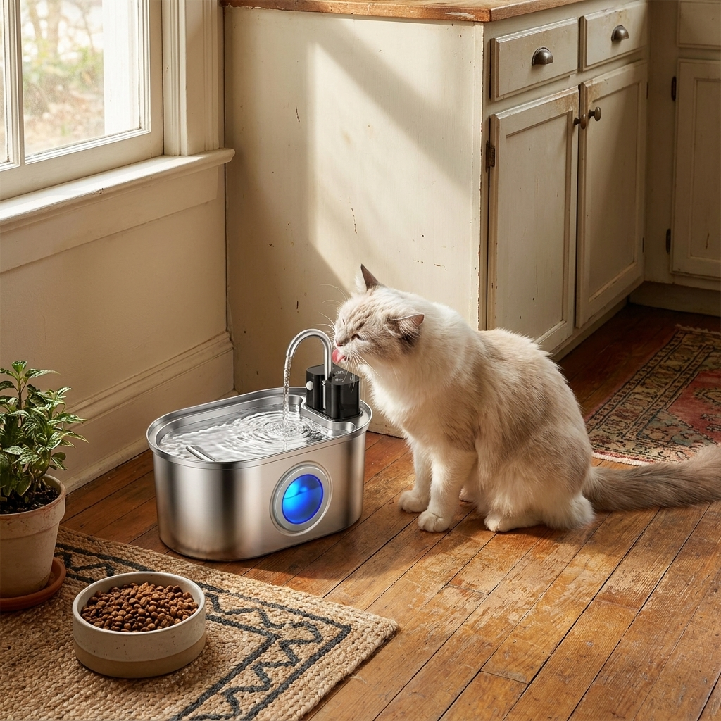 Cat water fountain in use