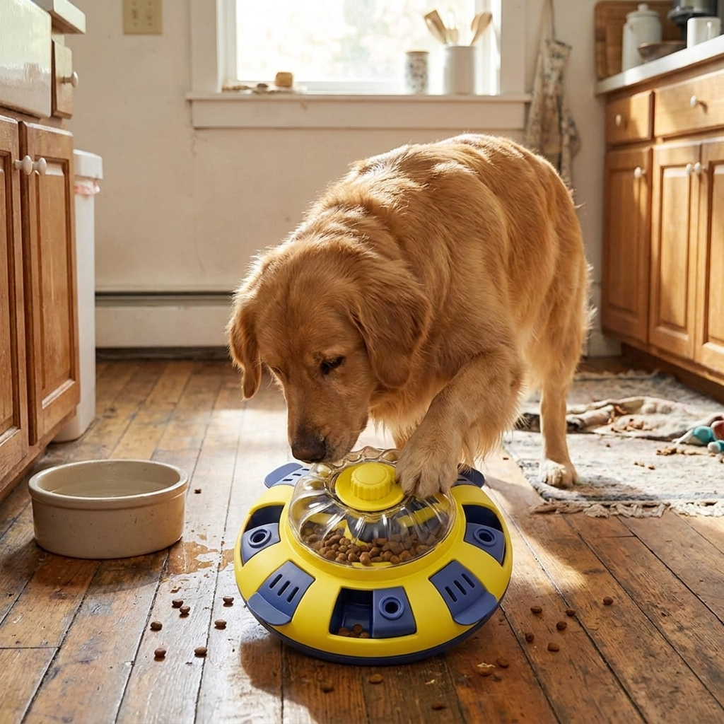 Rotating wheel pet feeder in use