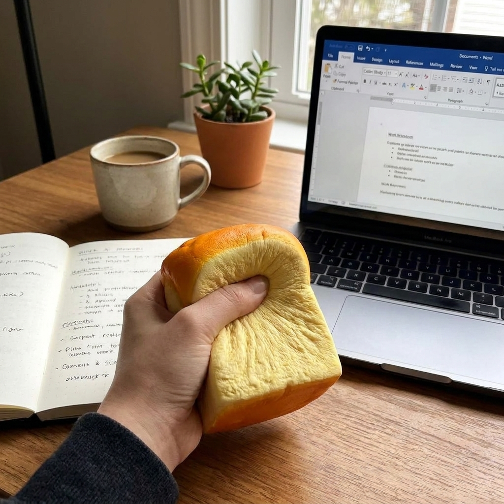 Bread squishy toy in use