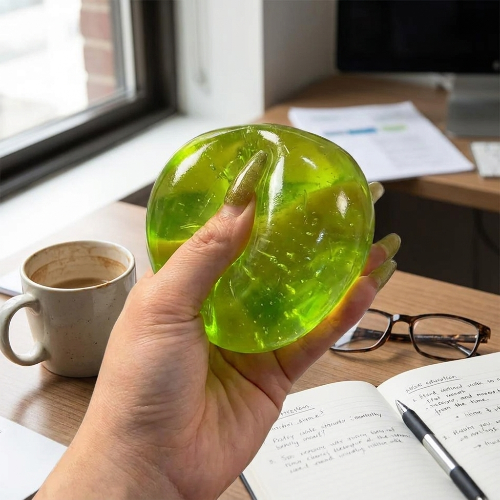 Green Apple Squishy Stress Ball in use