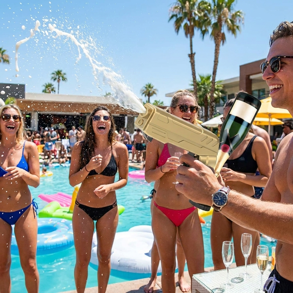 Champagne wine bottle spray gun in use